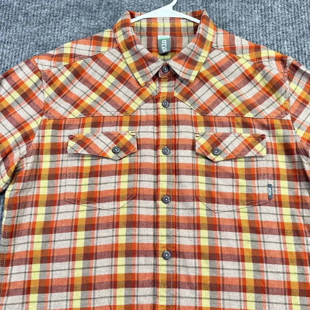 Stio Shirt Mens XL Orange Plaid Flannel Button Up Long Sleeve Outdoor Casual